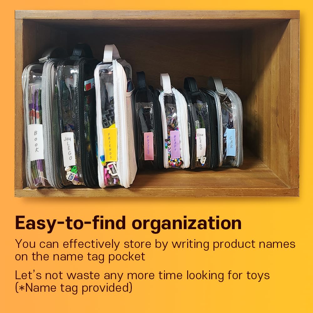 holay 4 Packs PVC Zippered Blocks Set, Toy, Clay, Board game Storage Organizer Case (Name Tag, Manual Pocket) (White, Large)