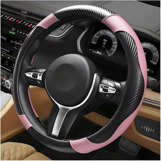 Car Steering Wheel Cover, 15 Inch Anti-Slip Stretch Leather Steering Wheel Protector, Comfortable Breathable Sporty Steering Wheel Cover for Women Men, Car Accessories (Black & Pink)