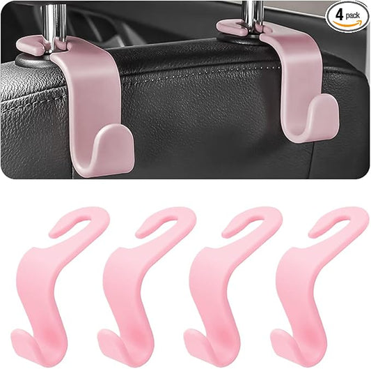 4PCS Car Back Seat Headrest Hooks, Rear Car Seat Storage Headrest Hanger Holder Hooks Organizer, Universal Auto Interior Accessories for Bag Purse Handbag Cloth Coats Grocery (Light Pink)