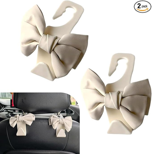 2PCS Car Seat Headrest Hooks, Cute Bow Car Backseat Storage Hooks, Lovely Leather Auto Purse Hook Hanger, Women and Girl Car Interior Accessories for Umbrellas, Coat, Bag (Leather-White)