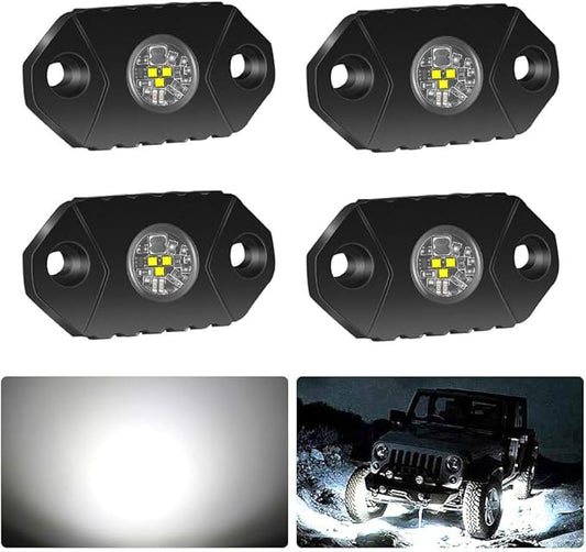 4WDKING White LED Rock Lights, 4 Pods IP68 Waterproof Underbody Glow Trail Rig Lamp LED Neon Lights for Truck Off Road Truck Car Boat ATV SUV Motorcycle