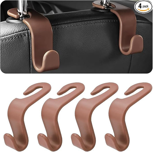 4PCS Car Back Seat Headrest Hooks, Rear Car Seat Storage Headrest Hanger Holder Hooks Organizer, Universal Auto Interior Accessories for Bag Purse Handbag Cloth Coats Grocery (Brown)