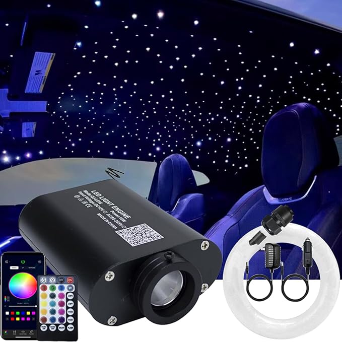 AZIMOM Bluetooth/APP LED 16W RGBW Fiber Optic Light Star Ceiling Kits 450pcs 0.03in 6.5ft Sensor Music Mode Remote Control Car Use Home Headliner Starlight Decoration
