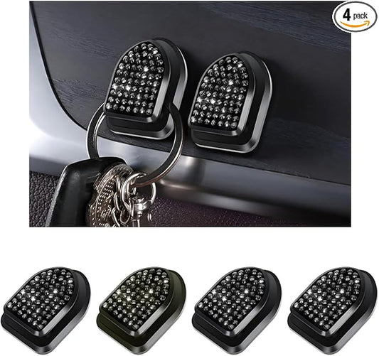 4 PCS Bling Car Mini Hooks, Cute Rhinestone Adhesive Back Seat Auto Hangers, Multifunctional Crystal Hanging Storage Hook for Vehicle Dashboard Wall Hat Coat Towel Key (Black)