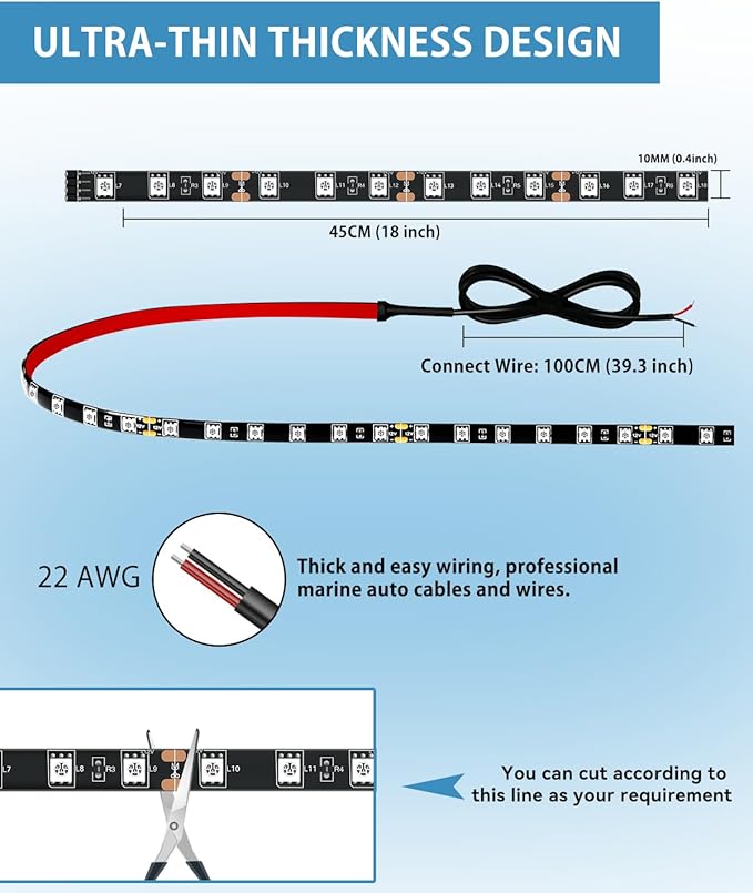 12V Led Light Strip 18" Connectable White LEDs Strip Lights for Car Motorcycle Golf Cart Automotive Trucks Boat Waterproof Led Light Strip, 4Pack