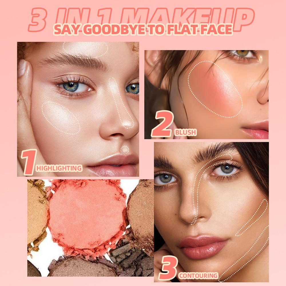 Contour and Highlight Blush Makeup Palette, Cream Bronzer, Silky Smooth Powder Blush, Shimmer Highlighter Makeup Powder, 3-in-1 Mixable Three-Piece Eyeshadow Palette with Mirror (03#)