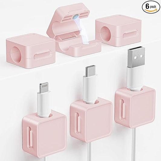 6 Pack Cord Holder, Strong Adhesive Desk Cord Organizer Magnetic Easy Open, Wire Holder Organizer Neatly for Home, Office, Car, Desk, Nightstand, Pink