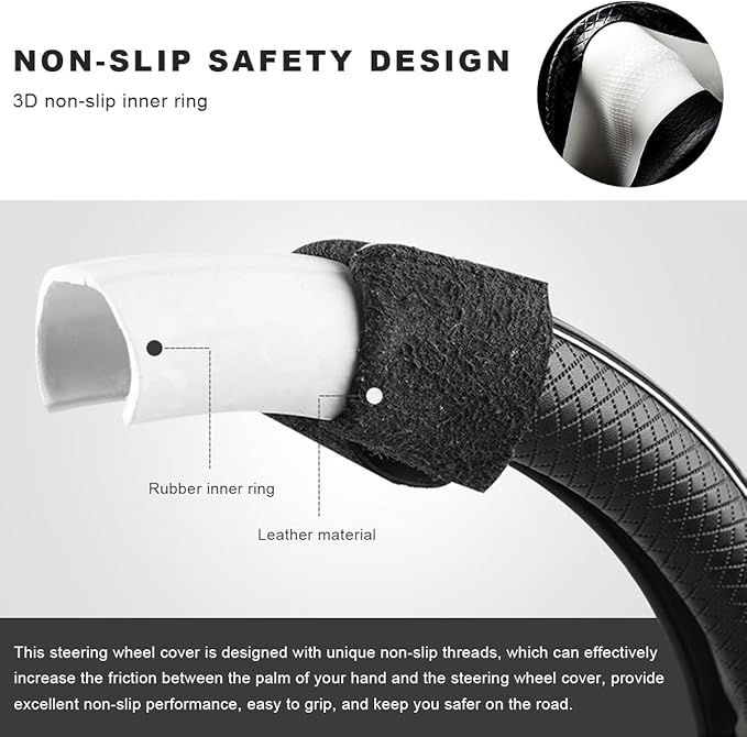 Car Steering Wheel Cover, 15 Inch Anti-Slip Breathable Leather Auto Steering Wheel Protector, Full Surround Soft Steering Wheel Cover for Men Women, Car Interior Accessories (Black & Purple)