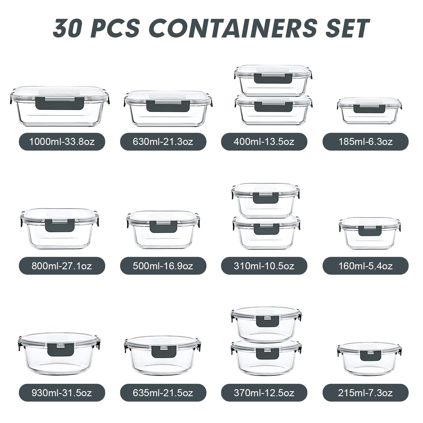 VERONES 30 Pieces Glass Meal Prep Containers Set, Stackable Glass Food Storage Containers with Lids-Airtight Glass Lunch Containers，for Microwave, Oven, Freezer & Dishwasher,Grey
