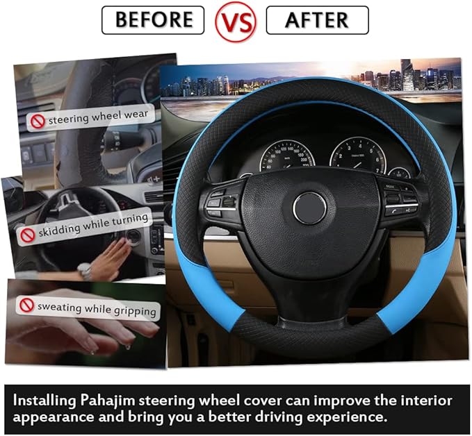 Pahajim Car Steering Wheel Cover for Women Men Universal PU Leather Steering Wheel Accessories Anti Skid 14.5-15 Inch (37-38cm) Forro Volante Carro (Blue)