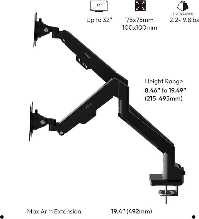 Pixio PS1D Wave Black Dual Monitor Arm Stand Desk Mount