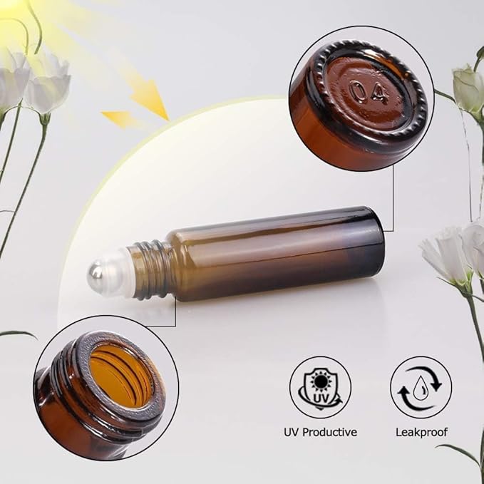 sungwoo 12 Pack Essential Oil Roller Bottles Stainless Steel, 10ml Amber Glass Roller Bottles with Caps for Travel, Perfume and Lip Gloss