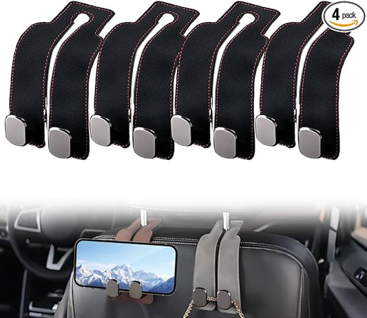 Car Seat Back Storage Hook, 2026 New Two Hook Fur Leather Seat Back Headrest Hanger Genuine Leather Double Metal Hook for Backseat Organizer, Car Organization Accessories (4, Black)