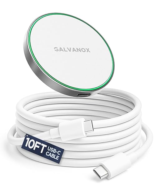GALVANOX Compatible with MagSafe Wall Mounted Magnetic Wireless Charger (15W) Fast Charging, Stick-on Adhesive Design with Long Removable USB-C Cable (10Ft) White