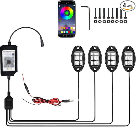 4 PCS RGB LED Rock Lights, LEDs High Brightness Waterproof Neon underglow Kit with Bluetooth App Control Flashing Music Mode, Wheel Well Light for Trucks, SUV, Golf Cart, ATV, Pickup