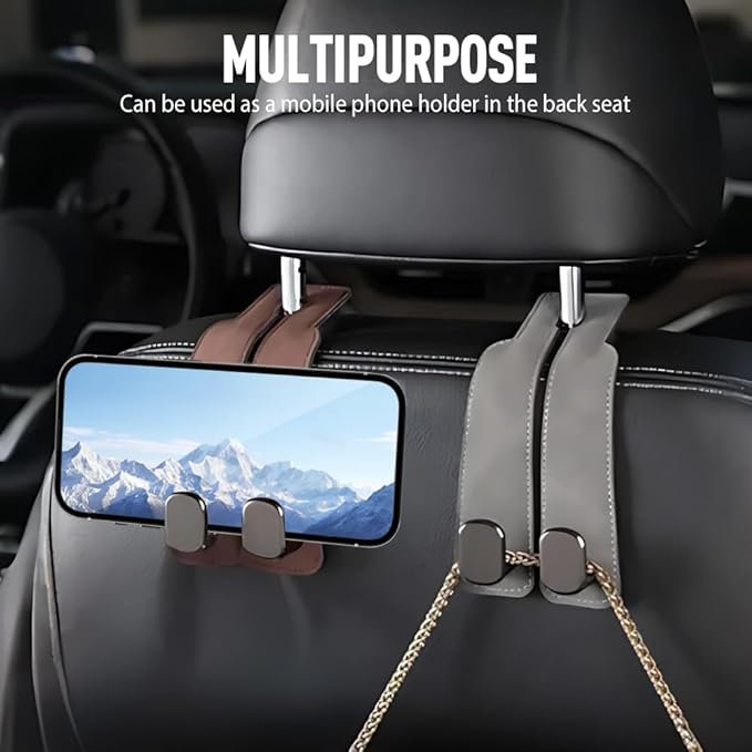 Car Seat Back Storage Hook, 2026 New Two Hook Fur Leather Seat Back Headrest Hanger Genuine Leather Double Metal Hook for Backseat Organizer, Car Organization Accessories (4, Black)