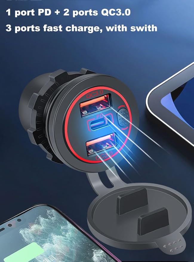 3 Ports 18W USB Car Charger with Switch, 12-24V Dual QC 3.0 USB & PD USB C Cigarette Lighter Socket Outlet, Dashboard Mount Quick Charge Charger for Car Truck Marine Boat, Green Light