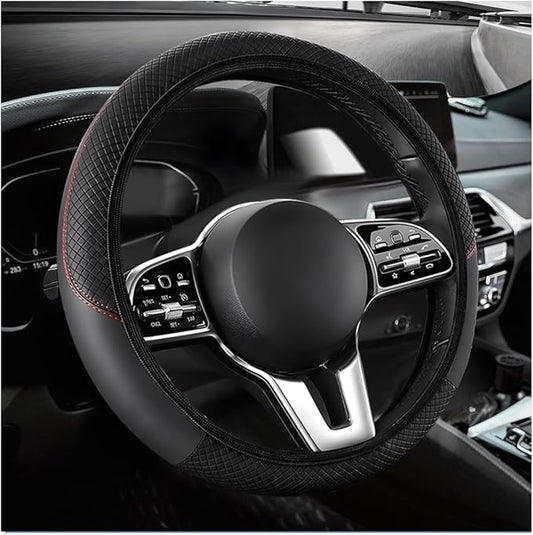 Car Steering Wheel Cover, 15 Inch Anti-Slip Stretch Leather Steering Wheel Protector, Comfortable Breathable Sporty Steering Wheel Cover for Women Men, Car Accessories (Black, AD)