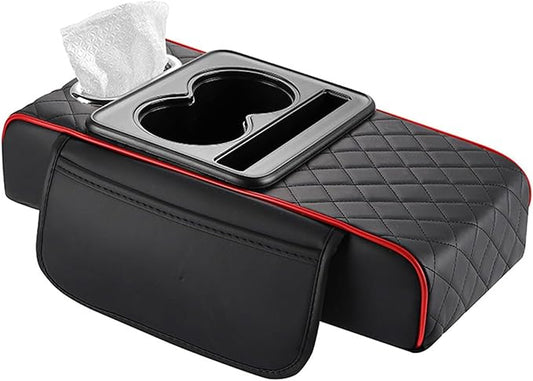 Car Center Console Cover for Hyundai Tucson 2021-2024, Leather Armrest Cushion Protector Pad with Tissue Box Holder Storage Pockets Cup Holder Phone Slot, B/Black-red