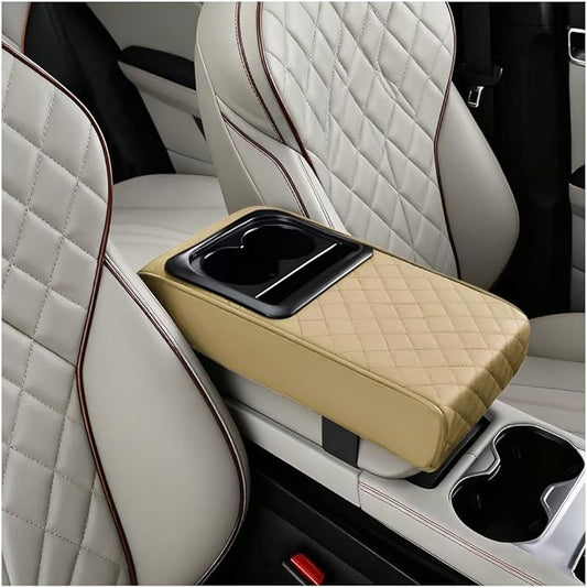 Car Center Console Armrest Pillow, Vehicle Armrest Seat Box Cushion Pad with Cup Holder & Phone Holder, Comfortable Auto Middle Console Cover, Universal for SUV RV Truck (Diamond, Beige)