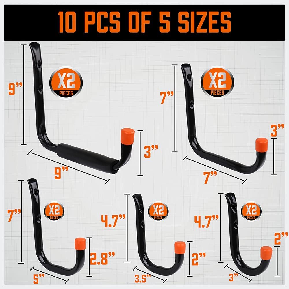 HORUSDY 10-Pack Heavy Duty Garage Storage Hooks Assorted Utility Hooks, 9", 7", 5", 3.5", 3" Two Each