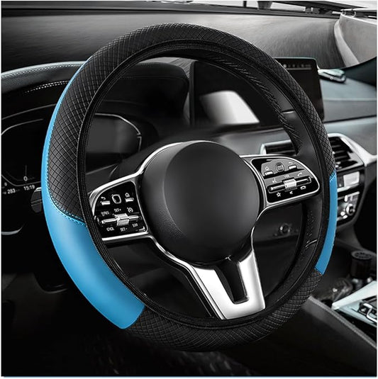 Car Steering Wheel Cover, 15 Inch Anti-Slip Stretch Leather Steering Wheel Protector, Comfortable Breathable Sporty Steering Wheel Cover for Women Men, Car Accessories (Black & Blue, AD)
