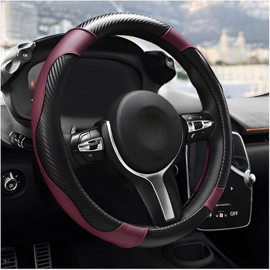 Car Steering Wheel Cover, 15 Inch Anti-Slip Stretch Leather Steering Wheel Protector, Comfortable Breathable Sporty Steering Wheel Cover for Women Men, Car Accessories (Wine Red)