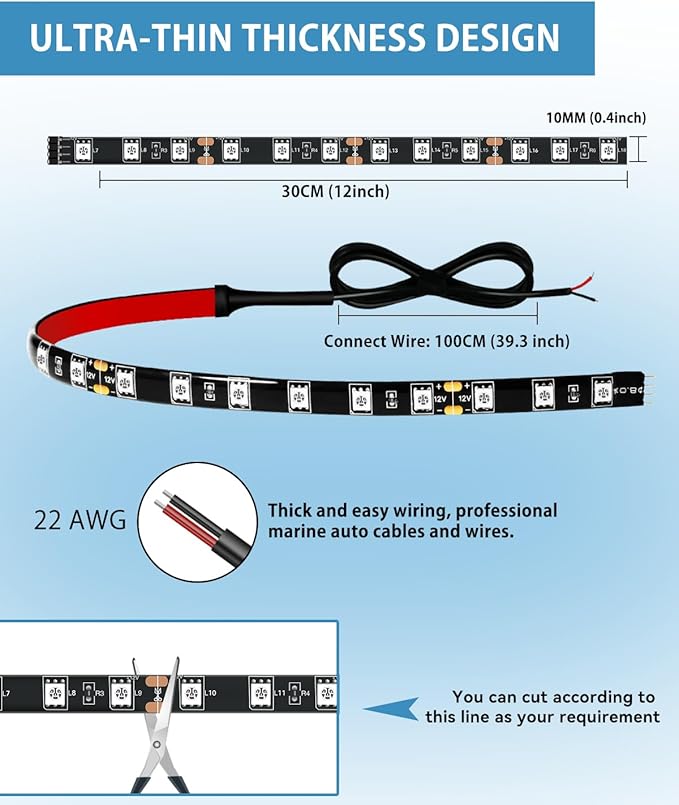 12v led Strip Lights 12" Connectable White Led Light Strips for Cars Motorcycle Golf Cart Boat Marine Waterproof 12V Led Light Strip, 4Pack