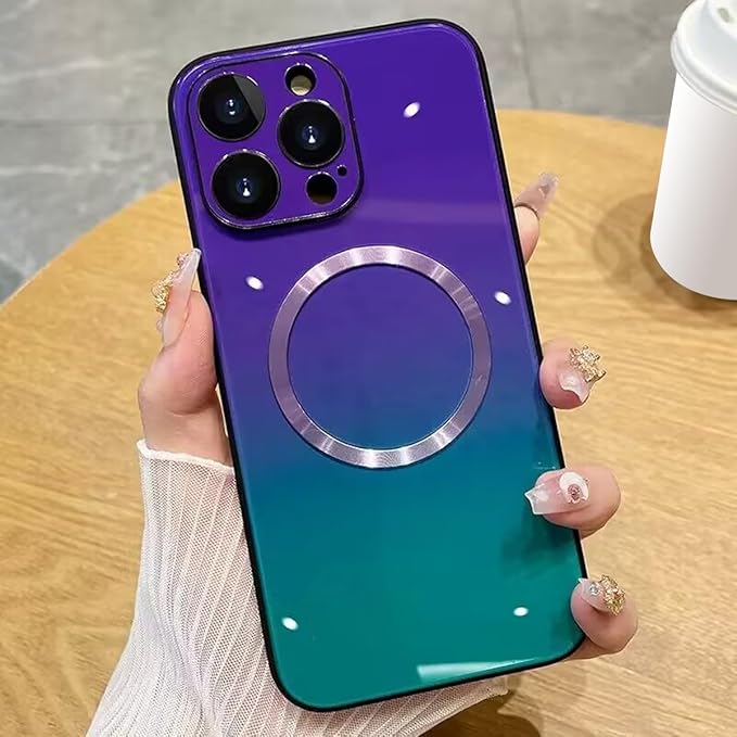 Guppy Compatible with iPhone 13 Pro Max Case Magnetic, with Full Camera Lens Protector [Compatible with MagSafe] Scratch Resistant Gradient Glass Back Cover Phone Case-Purple