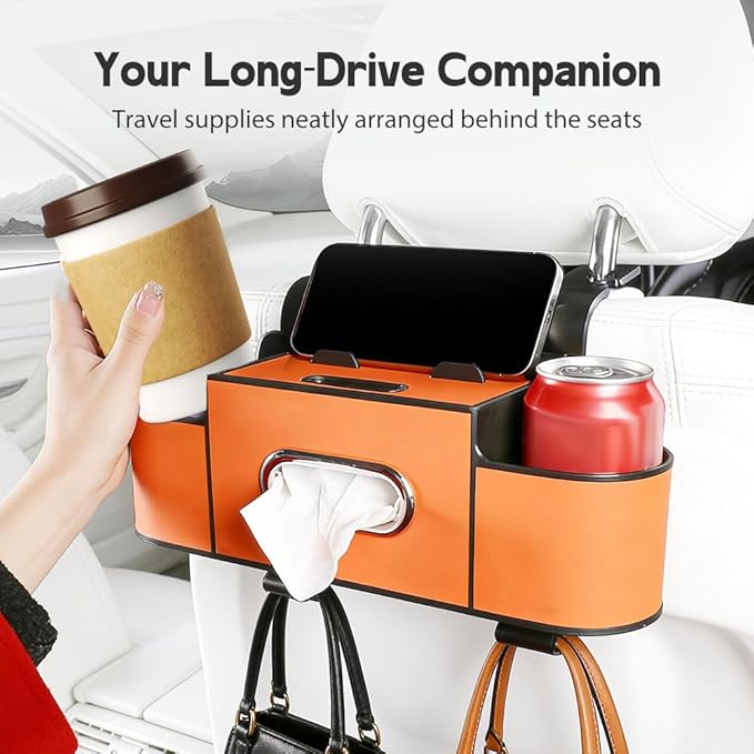 Multifunctional Car Seat Back Storage Box, 3-in-1 Backseat Car Organizer with Dual Cup Holders, Hold Phones, Snacks, Drinks, and Handbags (Black)