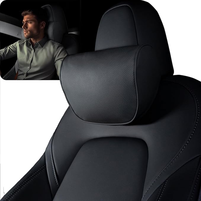 HOPON 2025 Upgrade Headrest Pillow for Tesla Model 3 Model Y with Adjustable Strap,Fits All Vehicles,Car Neck Pillow with Leather,for Head,Neck,Shoulders,Multipurpose,Car Accessories 1 Pack (Black)