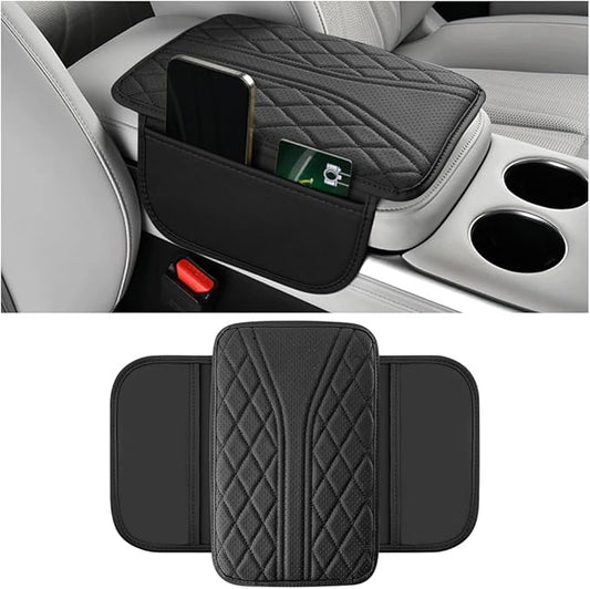 Car Center Console Cover, Leather Vehicle Armrest Box Pad with 2 Storage Bags, Automotive Interior Arm Rest Cushion Protector Accessories, Universal for SUV Sedan Truck (Black)