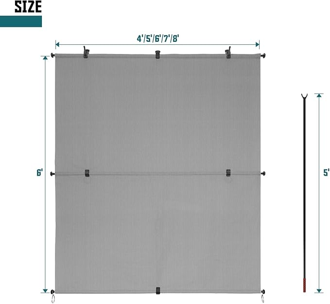 Bynbbur 6'W x 8'H Outdoor Patio Shades Foldable Roller Blinds, 220 GSM Sun Shade Roll Up Porch Screens Exterior Shade Cloth for Deck Pergola Backyard, Light Gray
