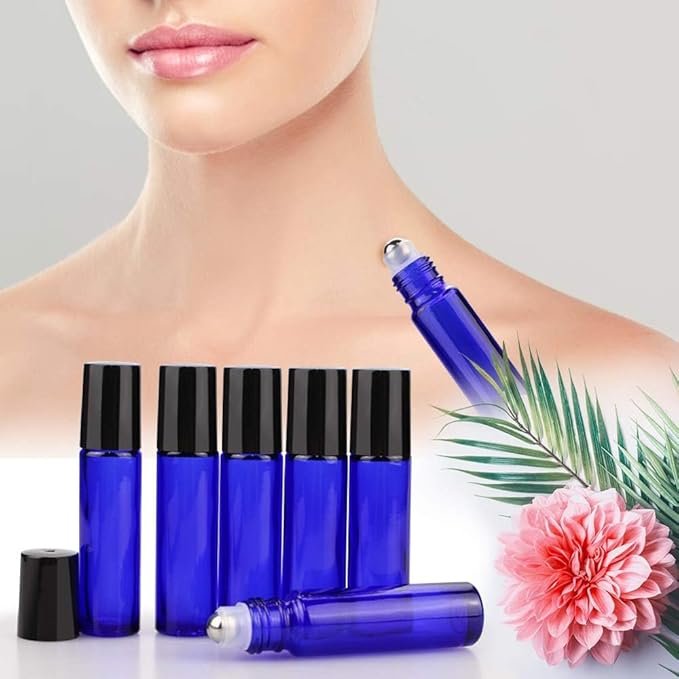 sungwoo 4 Pack Roller Bottles, 10 ml Essential Oil Glass Roller Bottles with Stainless Steel Roller Balls Blue