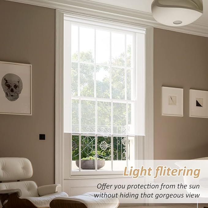 LUCKUP Light Filtering Roller Shades for Windows, Cordless Semi Sheer Solar Blinds with 5% Openness Free-Stop Window Shades for Home & Office, White 33" W x 72" L