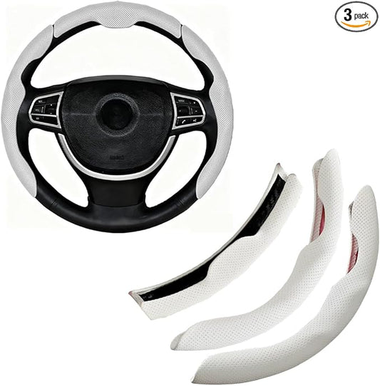 Car Steering Wheel Cover, Nappa Leather 15 Inch Snap-On 3PCS Set Vehicle Steer Wheel Wrap Protector, Non-Slip Automotive Interior Protection Accessories, Universal Fit (White)