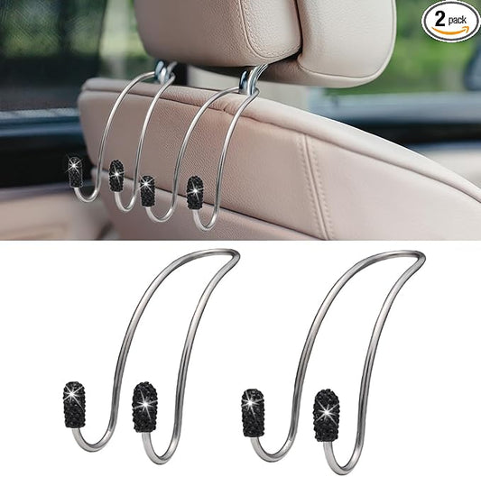 2PCS Car Headrest Hook Hangers, Bling Stainless Steel Car Backseat Holder, Strong Car Headrest Storage Hooks, Universal Car Organizers Accessories for Coats Umbrellas Grocery Handbags (Black)