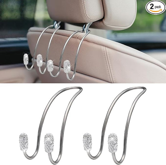 2PCS Car Headrest Hook Hangers, Bling Stainless Steel Car Backseat Holder, Strong Car Headrest Storage Hooks, Universal Car Organizers Accessories for Coats Umbrellas Grocery Handbags (White)