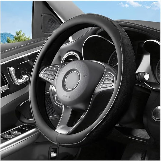 Car Steering Wheel Cover, 14.5-15" Breathable Soft Leather Vehicle Steering Wheel Protector with Anti-Slip Lining, Comfortable Auto Interior Decoration Accessories, Universal Fit (Black)
