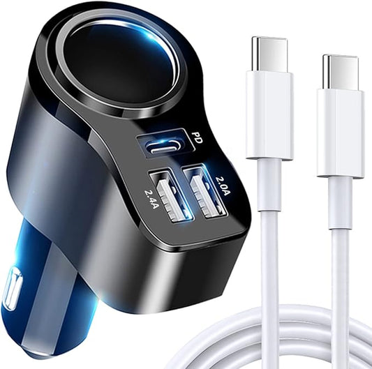 4 in 1 USB C Car Charger, 168W Multi USB Cigarette Lighter Adapter, Socket Splitter with 3 USB Ports, 12V/24V Dual USB Type C PD Fast Car Charger Adapter for iPhone 17/Air/16/15 Pro Max iPad GPS