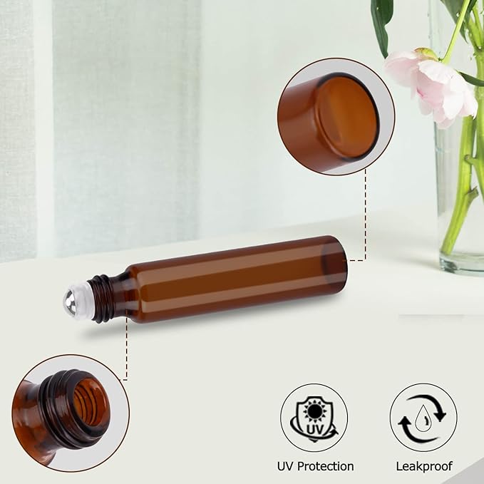 sungwoo 6 Pack Essential Oil Roller Bottles, 10ml Amber Glass Roller Bottles with Stainless Steel Roller Balls and Caps for Travel, Perfume and Lip Gloss