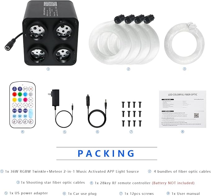 AKEPO 36W 4 Color Twinkle Fiber Optic Starlights Headliner Lights Kit, Optical Fibers Music Sync Bluetooth APP Control Starlight Kit, 2400pcs*13.1ft +240pcs Colorful Shooting Star