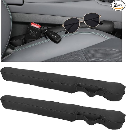 2PCS Leather Car Seat Gap Filler, No-Drop Seat Side Gap Plug Crevice Blocker with Securing Strap, Elastic Filler Block The Gap Between Seats & Console for Truck SUV Sedan (Black)