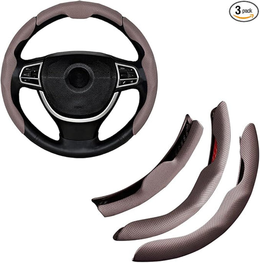 Car Steering Wheel Cover, Nappa Leather 15 Inch Snap-On 3PCS Set Vehicle Steer Wheel Wrap Protector, Non-Slip Automotive Interior Protection Accessories, Universal Fit (Brown)