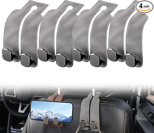Car Seat Back Storage Hook, 2026 New Two Hook Fur Leather Seat Back Headrest Hanger Genuine Leather Double Metal Hook for Backseat Organizer, Car Organization Accessories (4, Gray)
