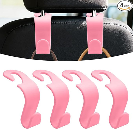 4PCS Car Seat Headrest Hooks, Purse Hook for Car, Auto Back Seat Organizer Storage Hanger Holder, Auto Accessories Multi-Use Portable Headrest Organizer Holder for Purse Handbag Coats (Pink)