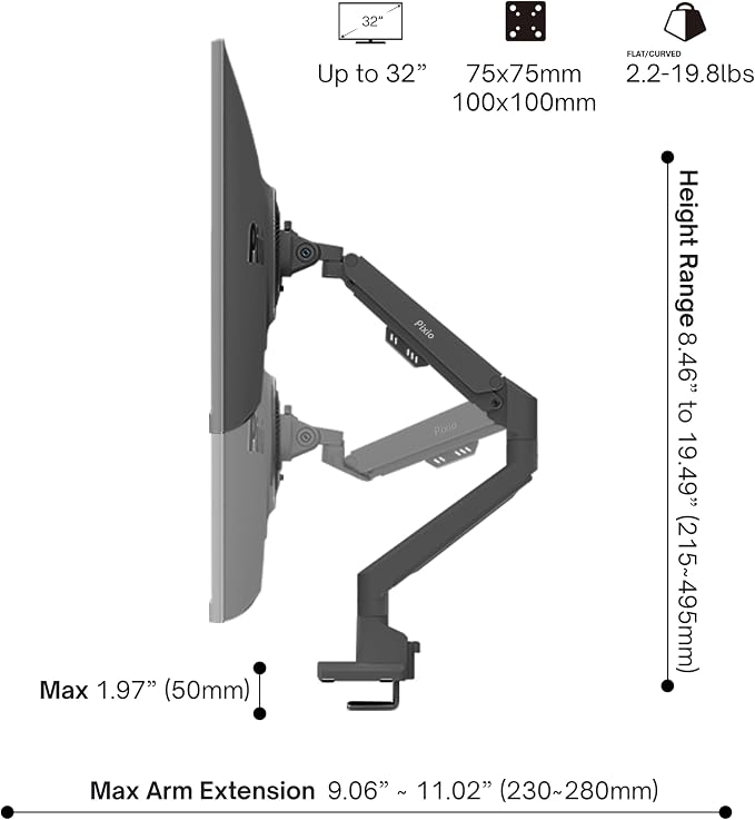 Pixio PS1S Wave Black Single Monitor Arm Stand Desk Mount