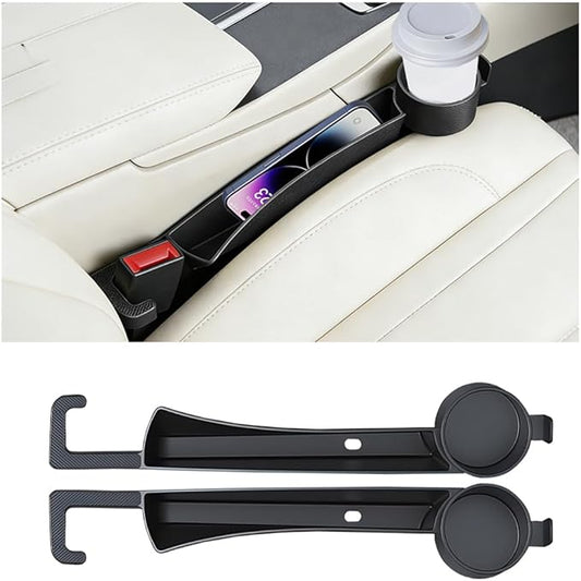 2PCS Car Seat Gap Filler, Soft Carbon Fiber Vehicle Between Seat and Console Organizer with Cup Holder, Prevent Falling Automotive Interior Chair Gap Plug, Universal Fit (Black)