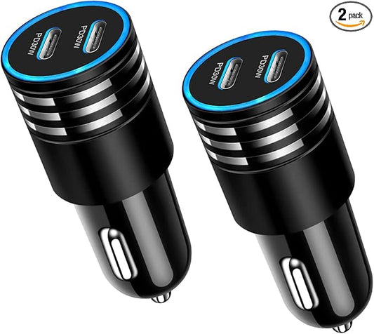 2Pack 60W USB Car Charger, 2 Ports Fast Charging Cigarette Lighter Adapter, Type C Mini Car Charger Adapter, Rapid Plug Power Delivery Compatible with iPhone Android Tablet or Other USB Device