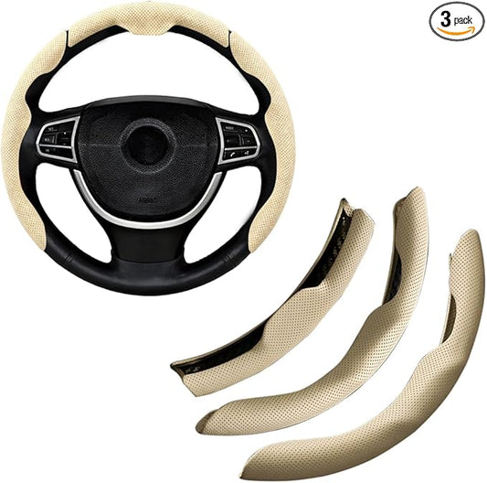 Car Steering Wheel Cover, Nappa Leather 15 Inch Snap-On 3PCS Set Vehicle Steer Wheel Wrap Protector, Non-Slip Automotive Interior Protection Accessories, Universal Fit (Beige)